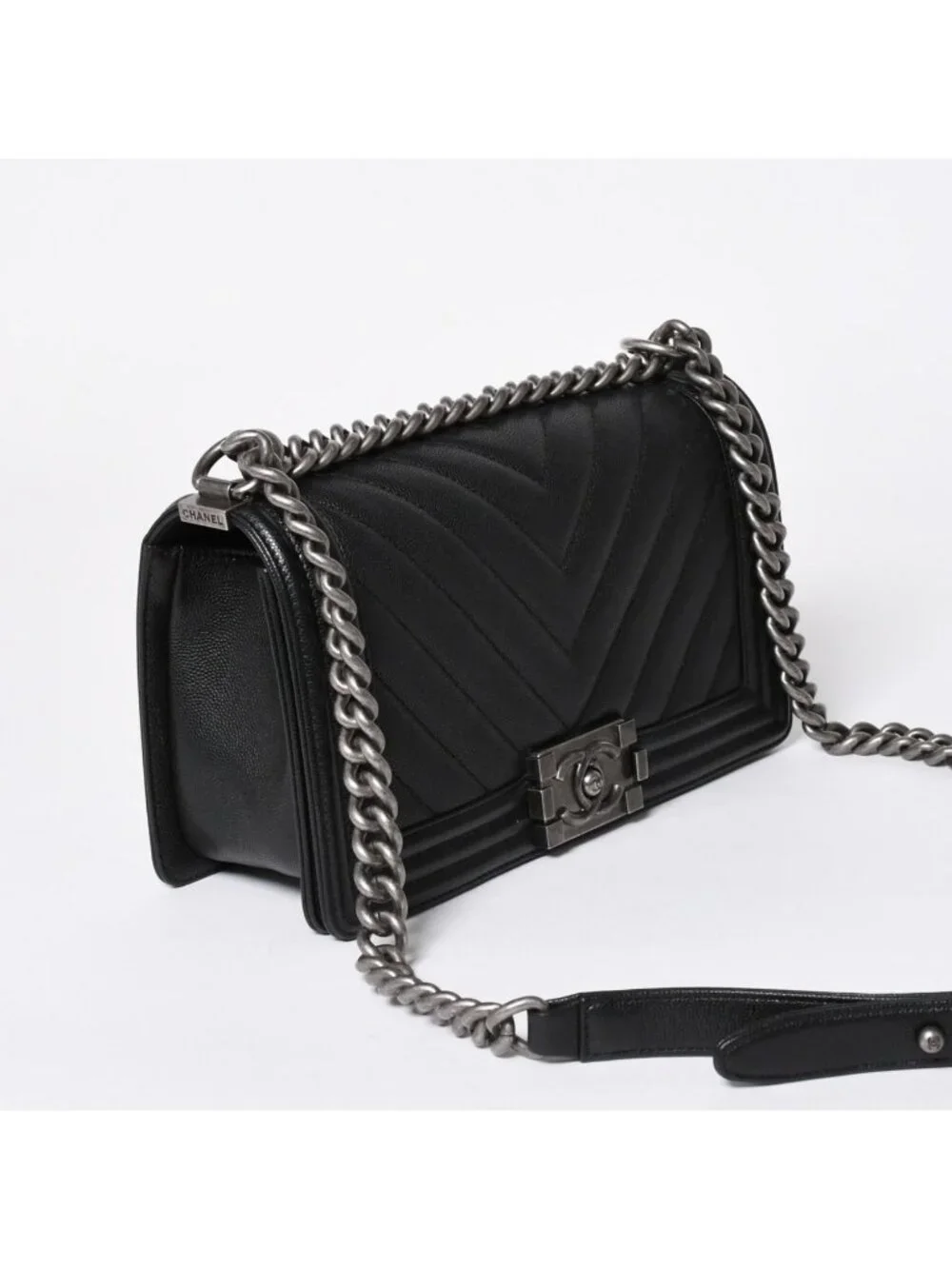 Chanel Boy Chain Shoulder Bag Chevron V-stitch CC Logo Black